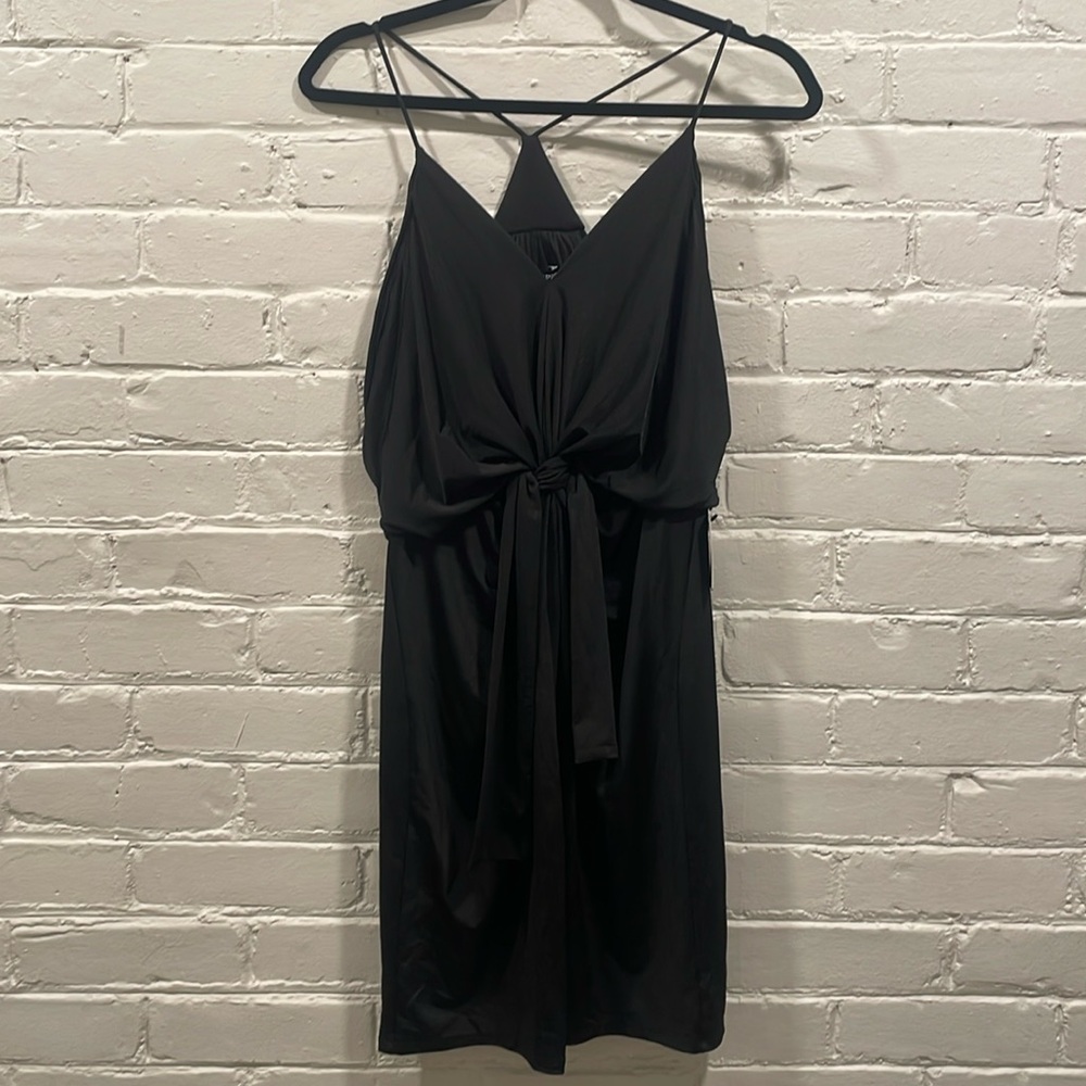Sleek Black Mini Dress with Draped Top and Razor Back from Express!